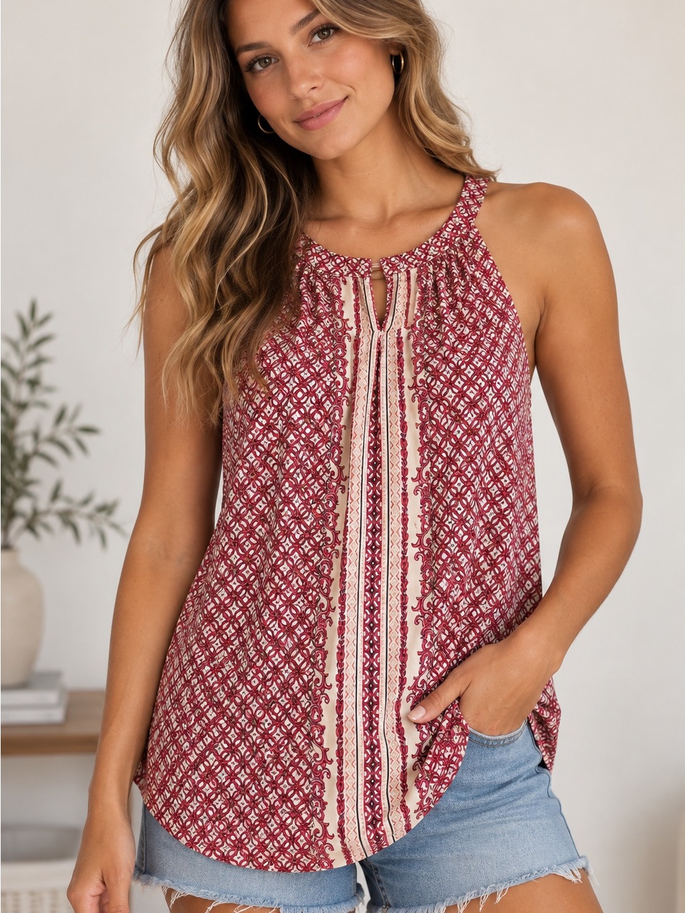 White House Black Market Red Patterned Halter Tank Top